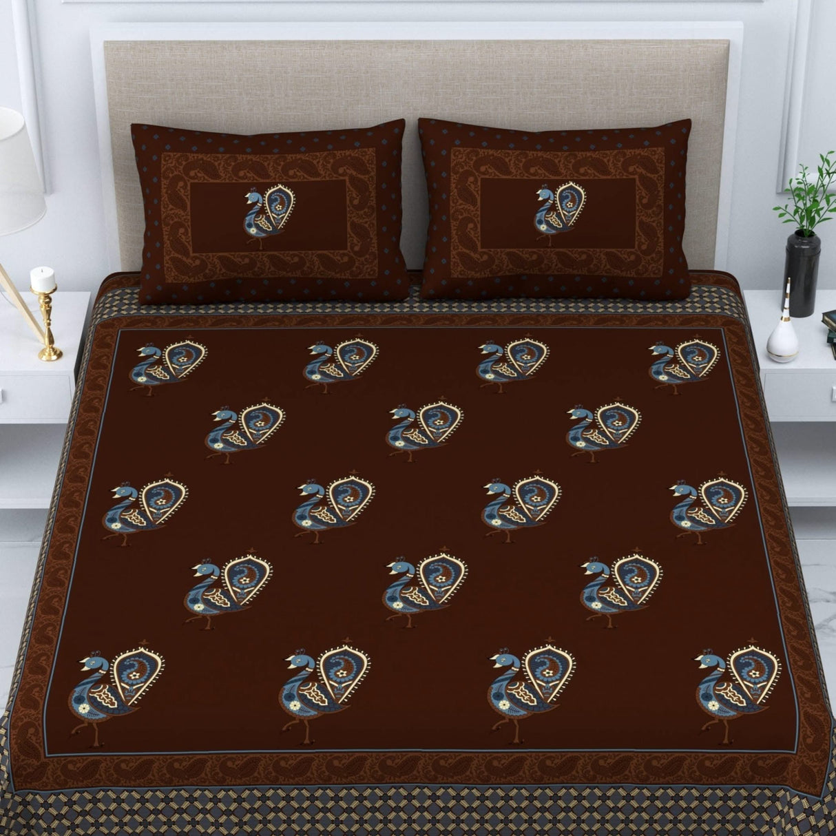 100% Cotton Sheets Indian Ethnic Peacock Printed 3-piece Fitted Sheet with Pillowcases 150 Thread Count Deep Pockets Soft Breathable Bedding Set (king Queen Twin) - LoveNspire