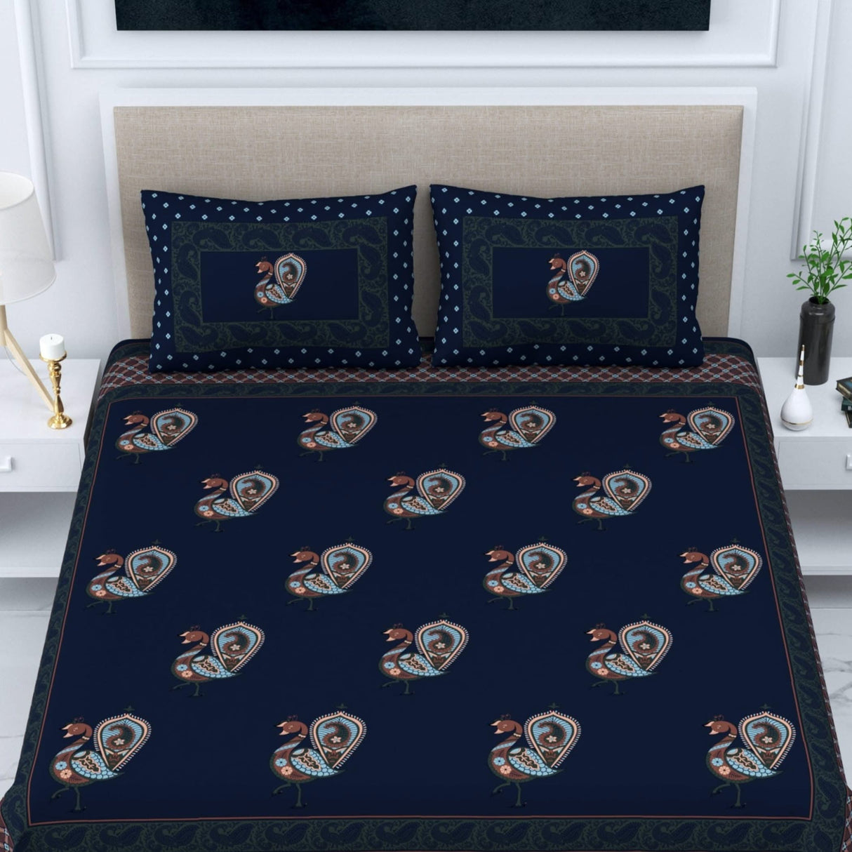 100% Cotton Sheets Indian Ethnic Peacock Printed 3-piece Fitted Sheet with Pillowcases 150 Thread Count Deep Pockets Soft Breathable Bedding Set (king Queen Twin) - LoveNspire