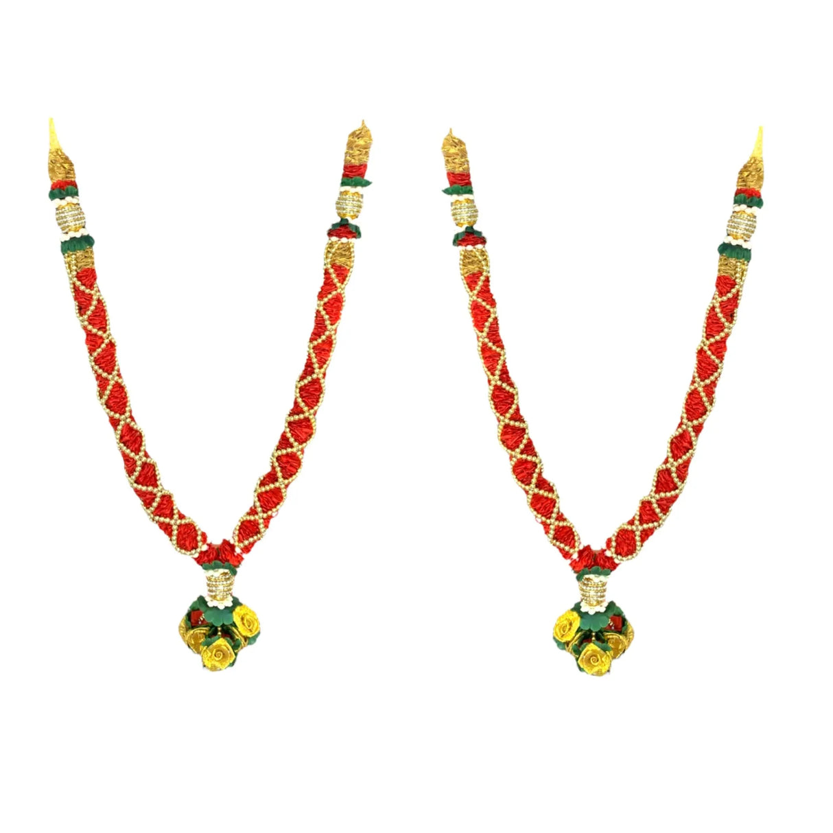 2PC Idol Mala 21 Inch God Goddess Haar Mala Indian Garland Jaimala Makhmali Bhagwan Haar Idol Pooja Item Garland for Photo Frame God Shringar Reusable Satin Mala Temple Decor (Red Golden) - LoveNspire