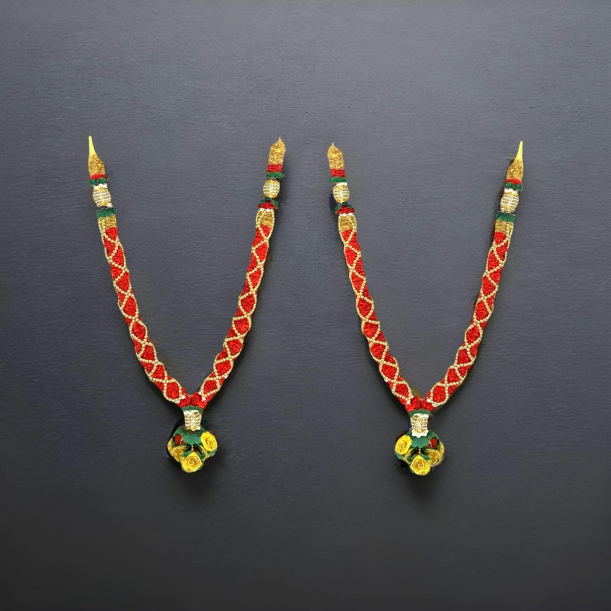 2PC Idol Mala 21 Inch God Goddess Haar Mala Indian Garland Jaimala Makhmali Bhagwan Haar Idol Pooja Item Garland for Photo Frame God Shringar Reusable Satin Mala Temple Decor (Red Golden) - LoveNspire