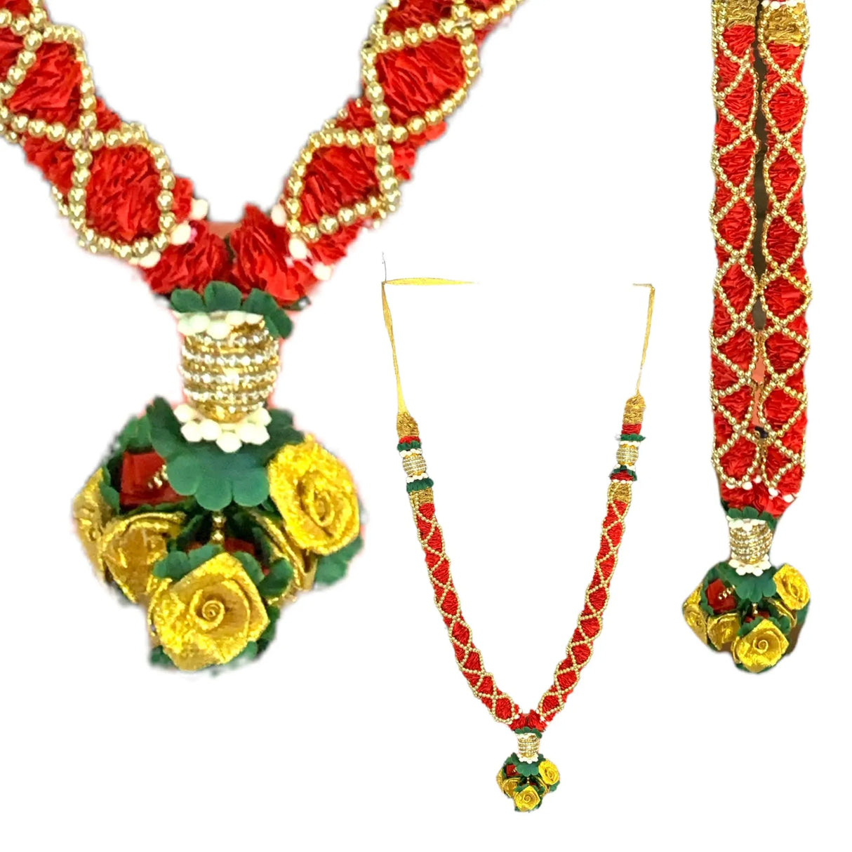 2PC Idol Mala 21 Inch God Goddess Haar Mala Indian Garland Jaimala Makhmali Bhagwan Haar Idol Pooja Item Garland for Photo Frame God Shringar Reusable Satin Mala Temple Decor (Red Golden) - LoveNspire