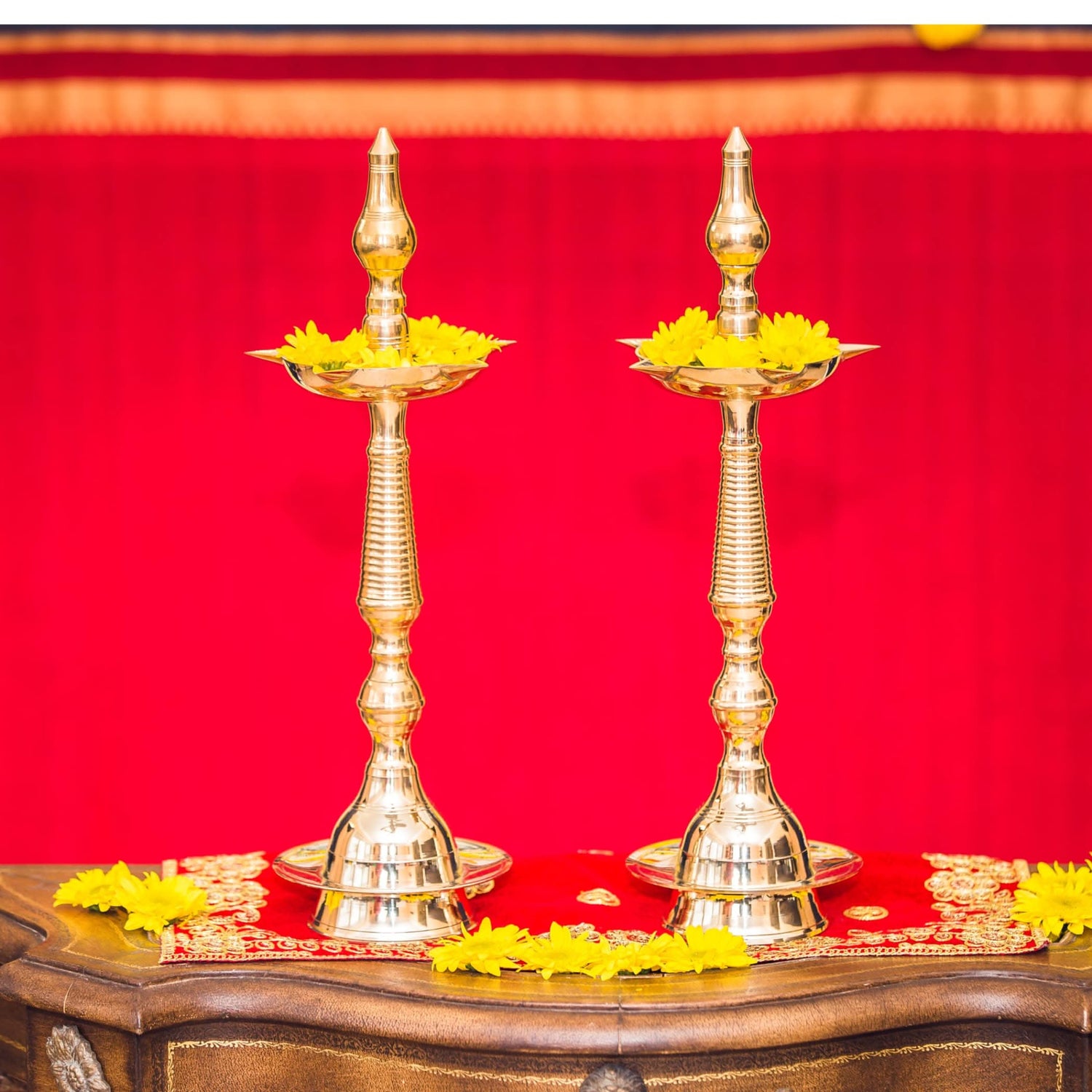 Brass Oil Lamp Diya Pack of 2 Samai Deepak Lamp Kerala Traditional Kutthu Vilakku Panchmahal Deepam for Home Temple Mandir Office Diwali Decoration - Deepawali Return Gift - LoveNspire