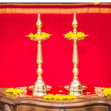 Brass Oil Lamp Diya Pack of 2 Samai Deepak Lamp Kerala Traditional Kutthu Vilakku Panchmahal Deepam for Home Temple Mandir Office Diwali Decoration - Deepawali Return Gift - LoveNspire