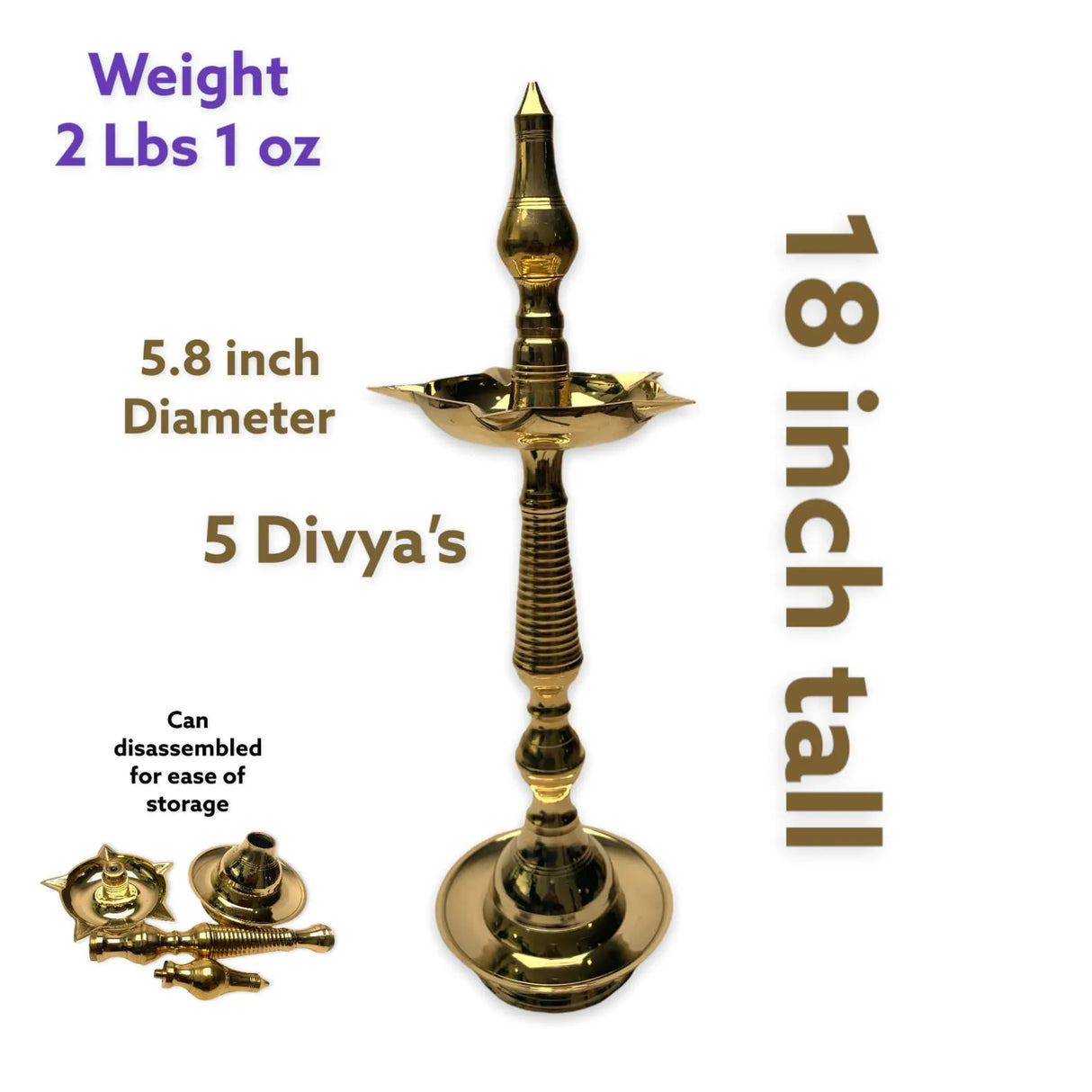 2 CT Brass Oil Lamp Diya Samai Deepak Lamp Kerala Traditional Kutthu Vilakku Panchmahal Deepam for Home Temple Mandir Office Diwali Decoration - Deepawali Return Gift - LoveNspire