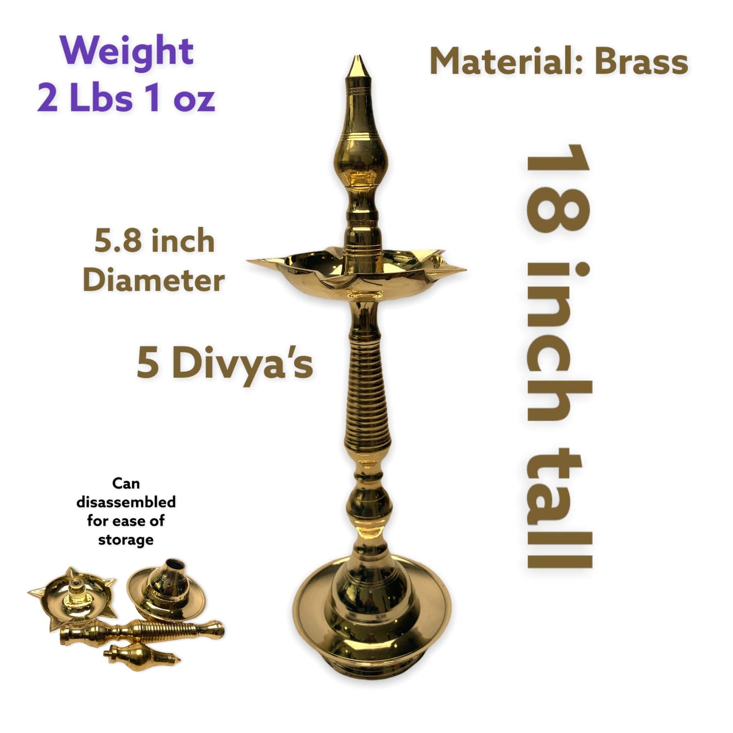 Brass Oil Lamp Diya Pack of 2 Samai Deepak Lamp Kerala Traditional Kutthu Vilakku Panchmahal Deepam for Home Temple Mandir Office Diwali Decoration - Deepawali Return Gift - LoveNspire