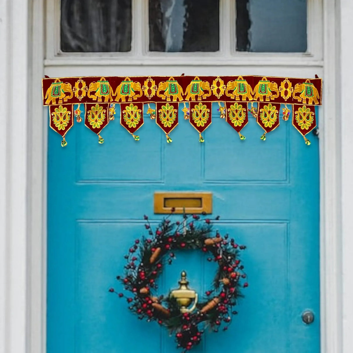 Indian Fabric Door Toran 36 Inch Bhandarwal Hanging Valance Elephant Velvet Traditional Wall Decorative for Window Home Temple Decor Wedding Diwali Navratri Puja Housewarming Decorations - LoveNspire