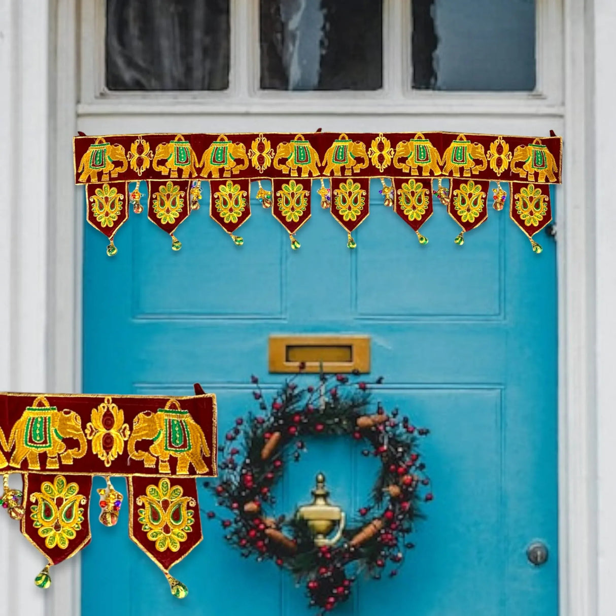 Indian Fabric Door Toran 36 Inch Bhandarwal Hanging Valance Elephant Velvet Traditional Wall Decorative for Window Home Temple Decor Wedding Diwali Navratri Puja Housewarming Decorations - LoveNspire