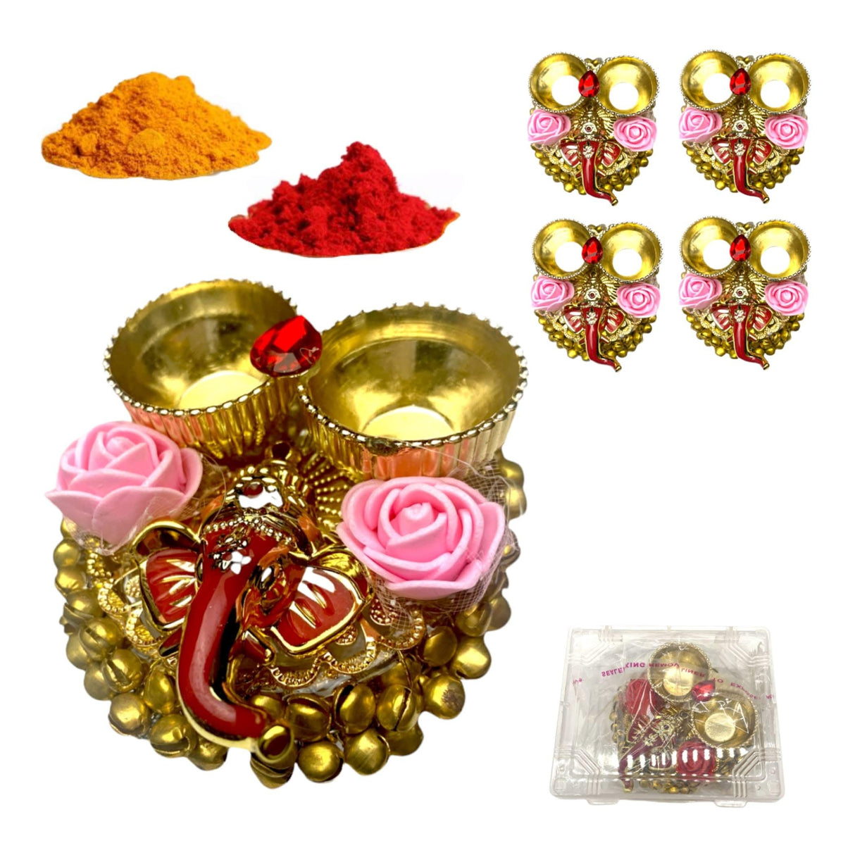 Pack of 4 Ganesha Bulk Haldi Kumkum Thali Holder Pooja Return Gift Indian Housewarming Gifts Haldi Kumkum Holders Roli Chawal Platter Indian Wedding Favor - LoveNspire