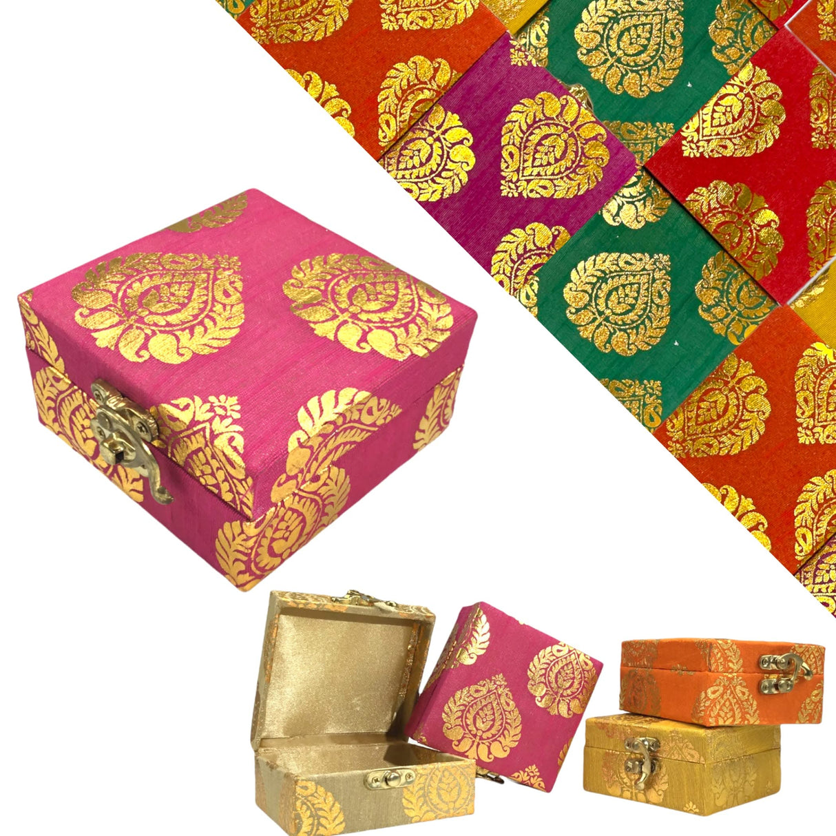 4 Piece Small Gift Box with Gota Patti Work Brocade Shagun Jewelry Box Indian Traditional Wedding Sweet Box Designer Fabric Box for Housewarmings, Christmas, Return Gift - LoveNspire