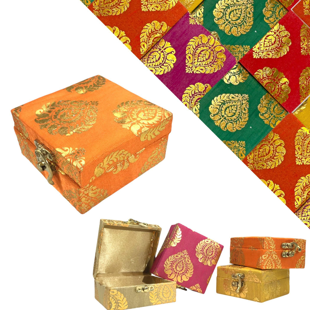 4 Piece Small Gift Box with Gota Patti Work Brocade Shagun Jewelry Box Indian Traditional Wedding Sweet Box Designer Fabric Box for Housewarmings, Christmas, Return Gift - LoveNspire