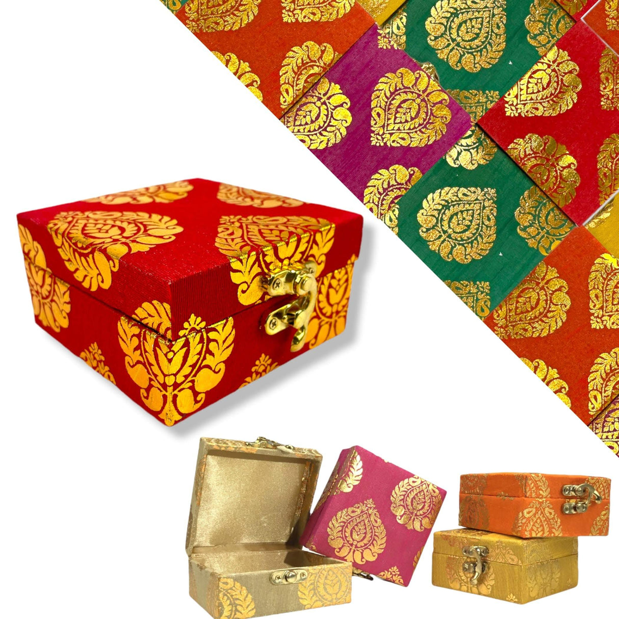 4 Piece Small Gift Box with Gota Patti Work Brocade Shagun Jewelry Box Indian Traditional Wedding Sweet Box Designer Fabric Box for Housewarmings, Christmas, Return Gift - LoveNspire