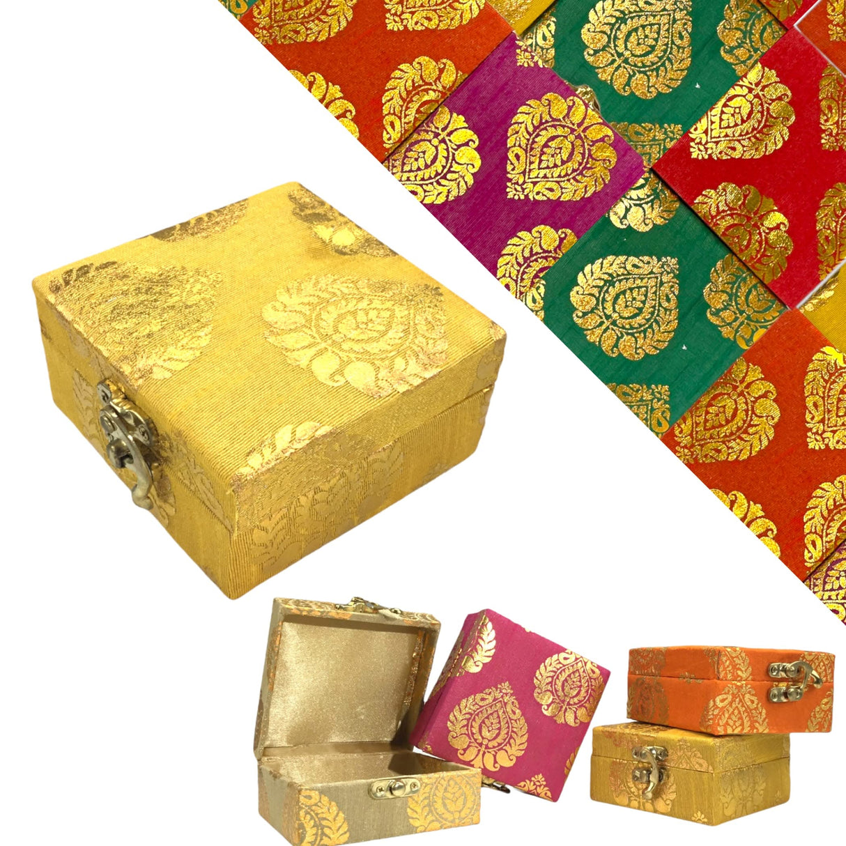 4 Piece Small Gift Box with Gota Patti Work Brocade Shagun Jewelry Box Indian Traditional Wedding Sweet Box Designer Fabric Box for Housewarmings, Christmas, Return Gift - LoveNspire
