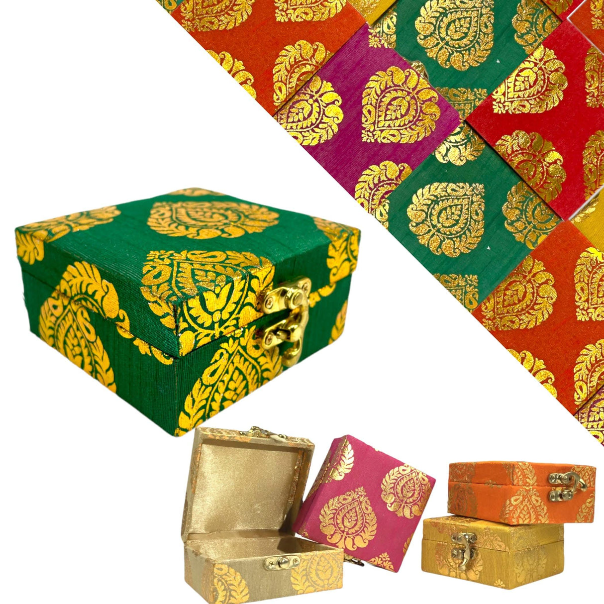 4 Piece Small Gift Box with Gota Patti Work Brocade Shagun Jewelry Box Indian Traditional Wedding Sweet Box Designer Fabric Box for Housewarmings, Christmas, Return Gift - LoveNspire