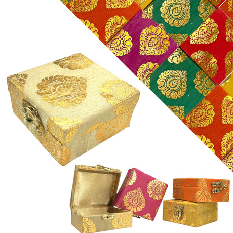 4 Piece Small Gift Box with Gota Patti Work Brocade Shagun Jewelry Box Indian Traditional Wedding Sweet Box Designer Fabric Box for Housewarmings, Christmas, Return Gift - LoveNspire