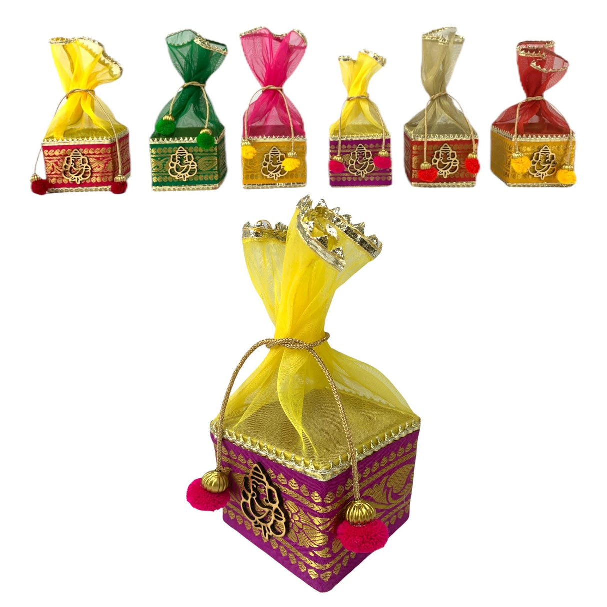Pack of 4 Small Potli Gift Box Decorative Net Ganesha Potli for Dry Fruits Jewelry Organizer Packing Return Gift Indian Wedding Mehndi Festival Favors Housewarming Gift - LoveNspire
