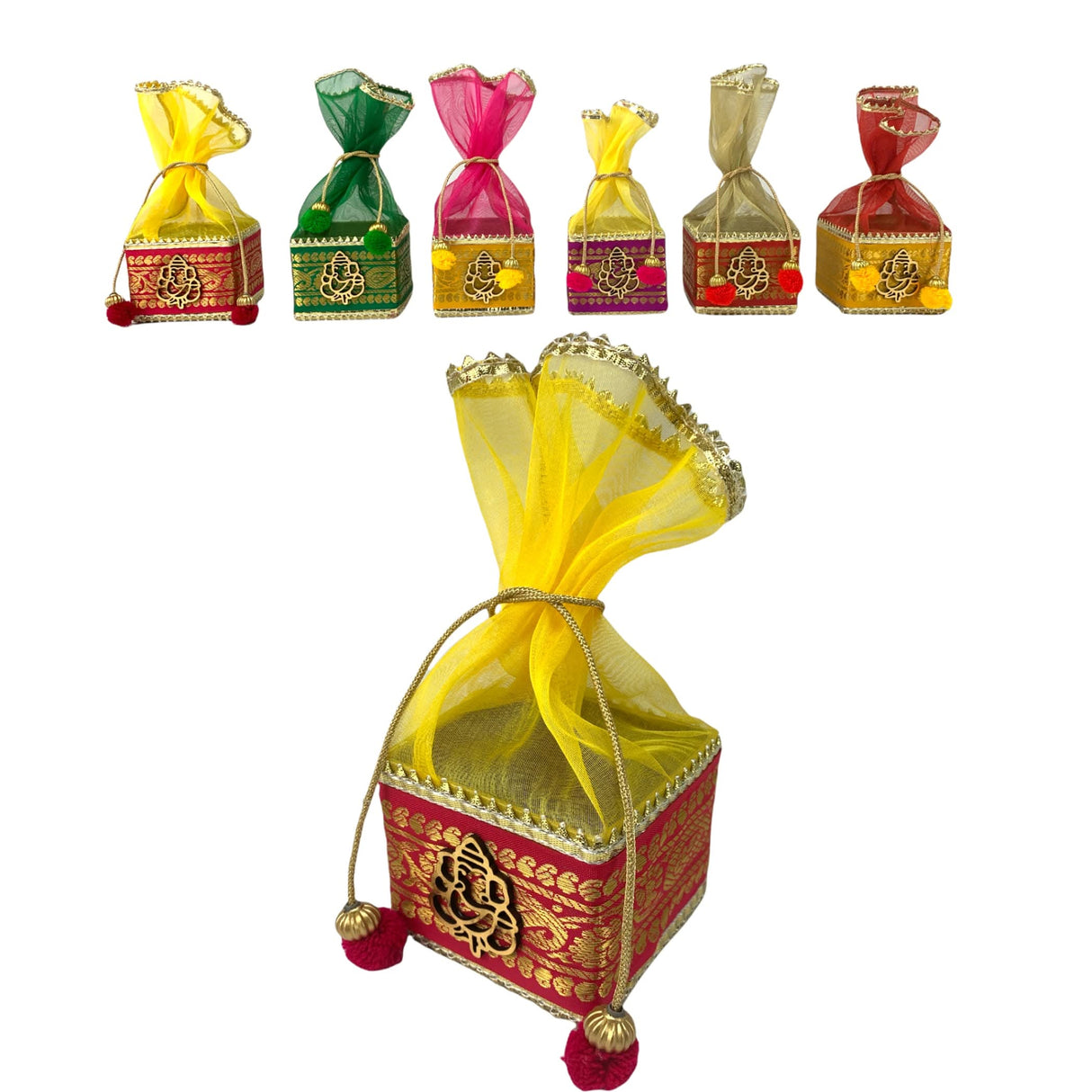 Pack of 4 Small Potli Gift Box Decorative Net Ganesha Potli for Dry Fruits Jewelry Organizer Packing Return Gift Indian Wedding Mehndi Festival Favors Housewarming Gift - LoveNspire