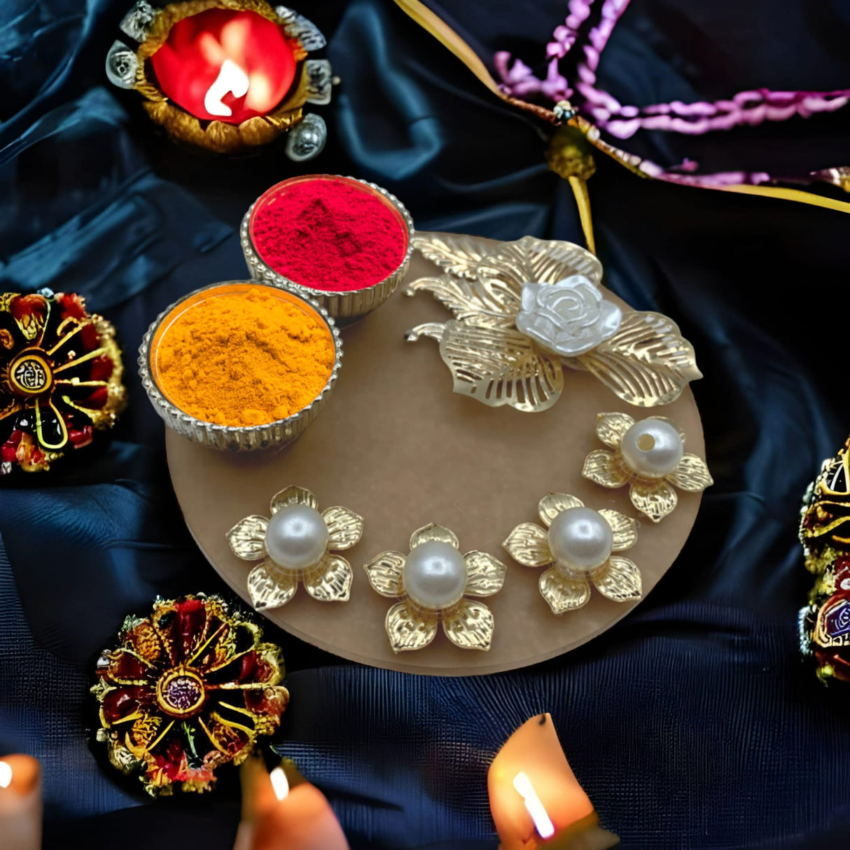 Decorative Haldi Kumkum Thali Holder with Bowl Indian Festival Rakhi Pooja Thali Diwali Puja Tika Platter Wedding Favor Housewarming Gifts Hindu Puja Item - LoveNspire