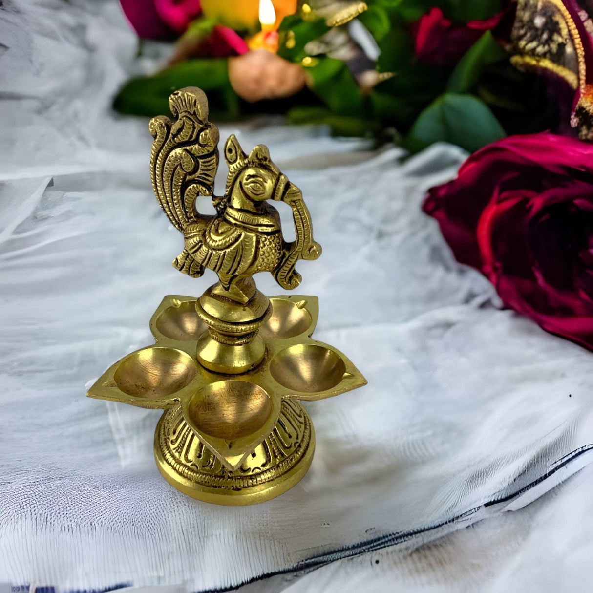 Peacock Deepam Brass Finish Diya Annam Deepak Samai Oil Lamp with Base Indian Festival Diwali Diya Hindu Puja Religious Home Decor Pooja Lamp Indian Housewarming Wedding Return Gift - LoveNspire