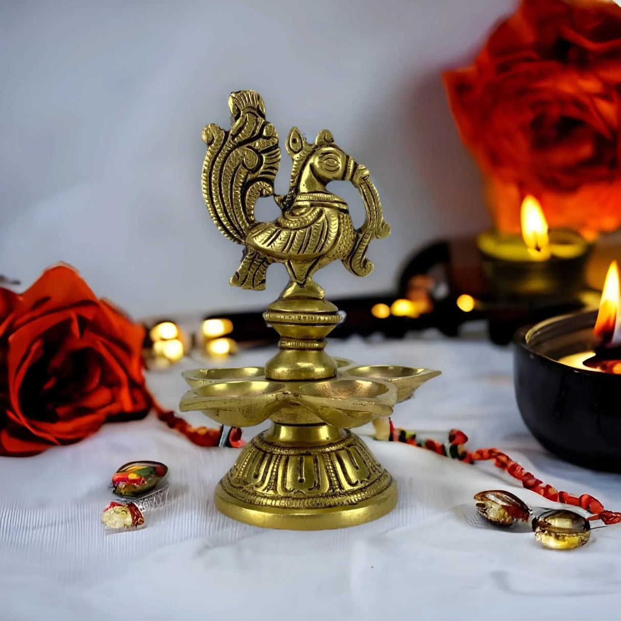 Peacock Deepam Brass Finish Diya Annam Deepak Samai Oil Lamp with Base Indian Festival Diwali Diya Hindu Puja Religious Home Decor Pooja Lamp Indian Housewarming Wedding Return Gift - LoveNspire