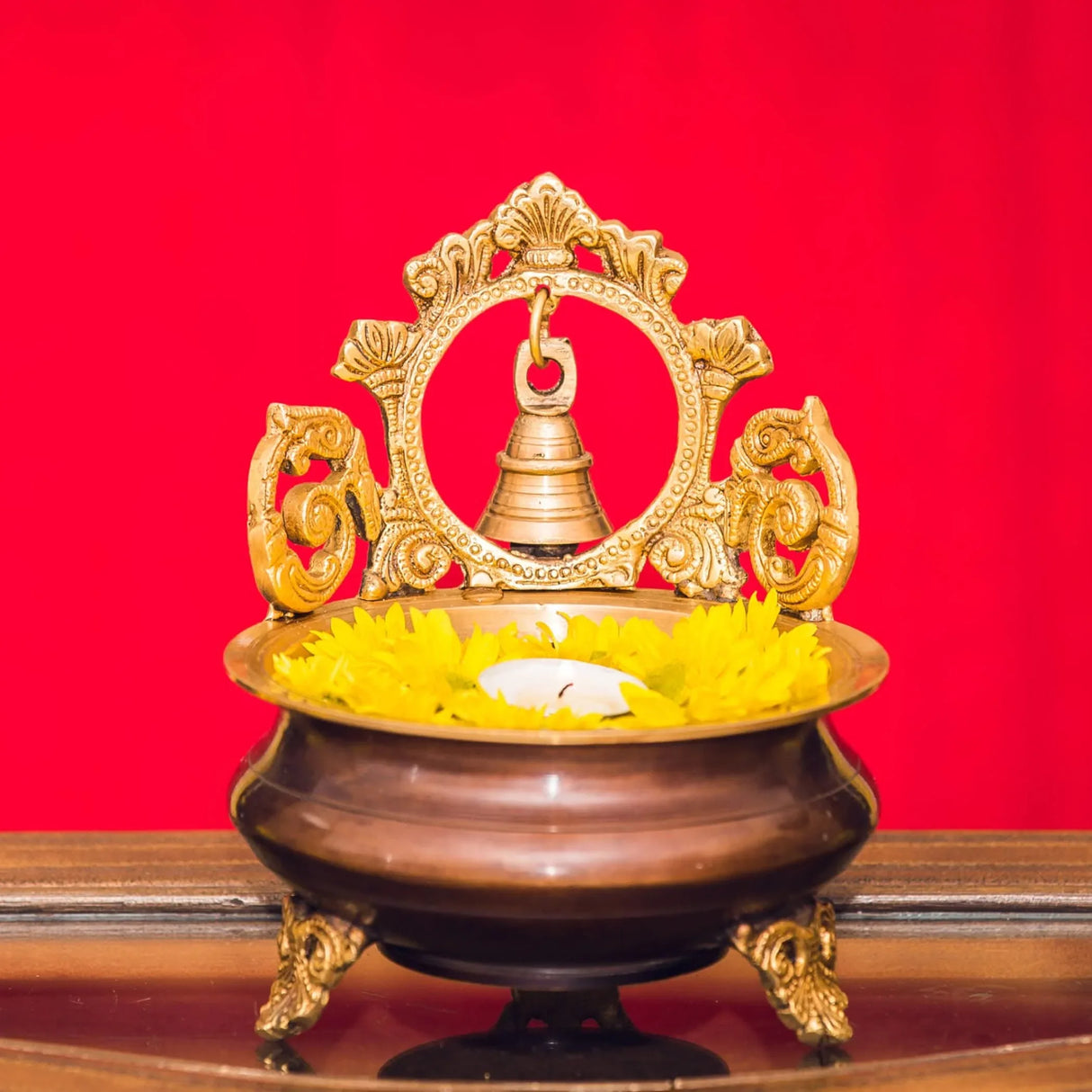 Brass Urli Bowl with Bell 7 Inch Indian Ethnic Urli Bowls for Floating Flowers Tea Light Candles Home Office Table Pooja Room Decor Diwali Decoration Showpiece Housewarming Gift - LoveNspire