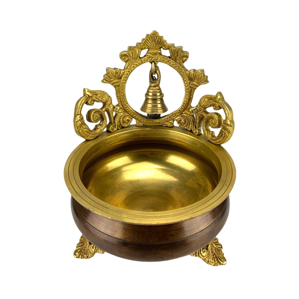 Brass Urli Bowl with Bell 7 Inch Indian Ethnic Urli Bowls for Floating Flowers Tea Light Candles Home Office Table Pooja Room Decor Diwali Decoration Showpiece Housewarming Gift - LoveNspire