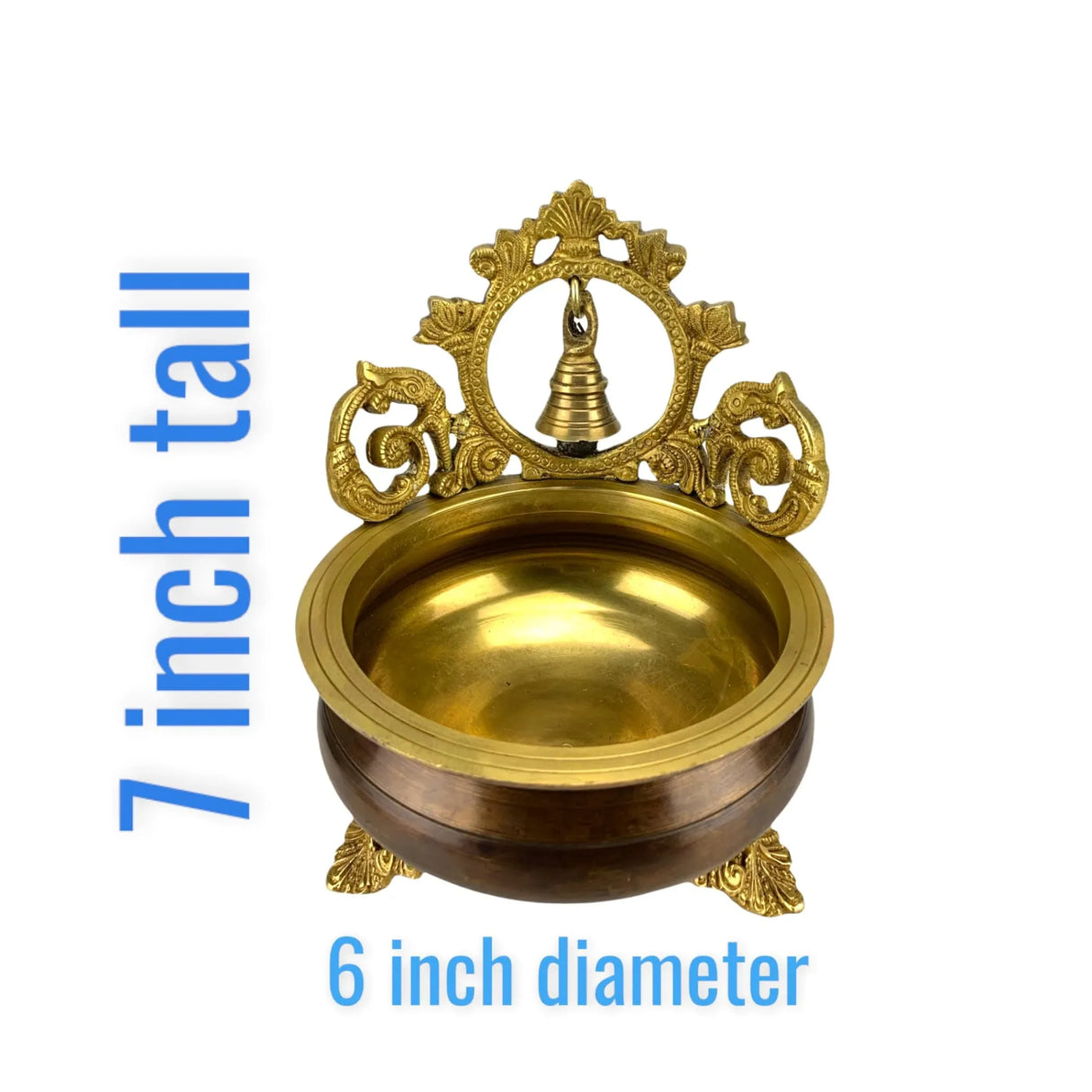 Brass Urli Bowl with Bell 7 Inch Indian Ethnic Urli Bowls for Floating Flowers Tea Light Candles Home Office Table Pooja Room Decor Diwali Decoration Showpiece Housewarming Gift - LoveNspire