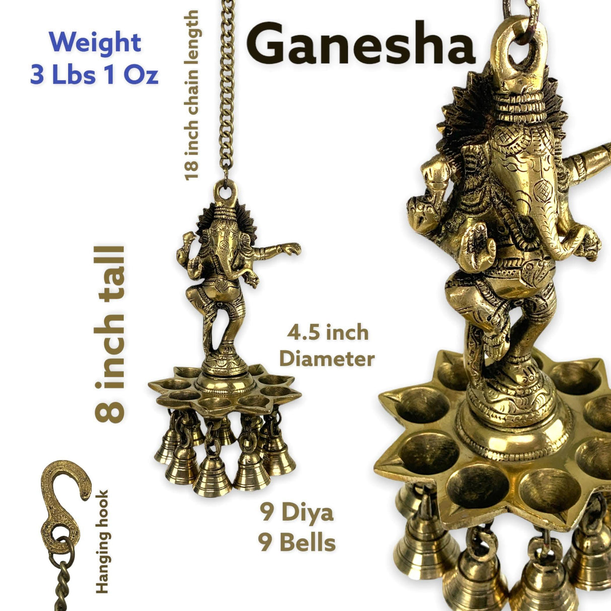 Brass Ganesha Wall Hanging Diya with Bells Ganesh Hanging Idol Oil Lamp Diya for Home Temple Mandir Office Diwali Decor Kathu Vilakku Puja Diyas - Deepawali Housewarming Return Gifts - LoveNspire