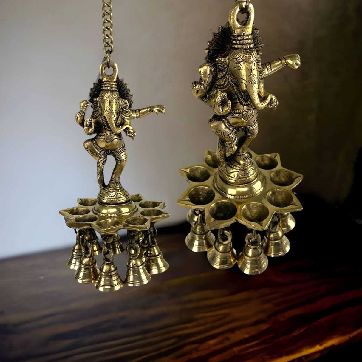 Brass Ganesha Wall Hanging Diya with Bells Ganesh Hanging Idol Oil Lamp Diya for Home Temple Mandir Office Diwali Decor Kathu Vilakku Puja Diyas - Deepawali Housewarming Return Gifts - LoveNspire