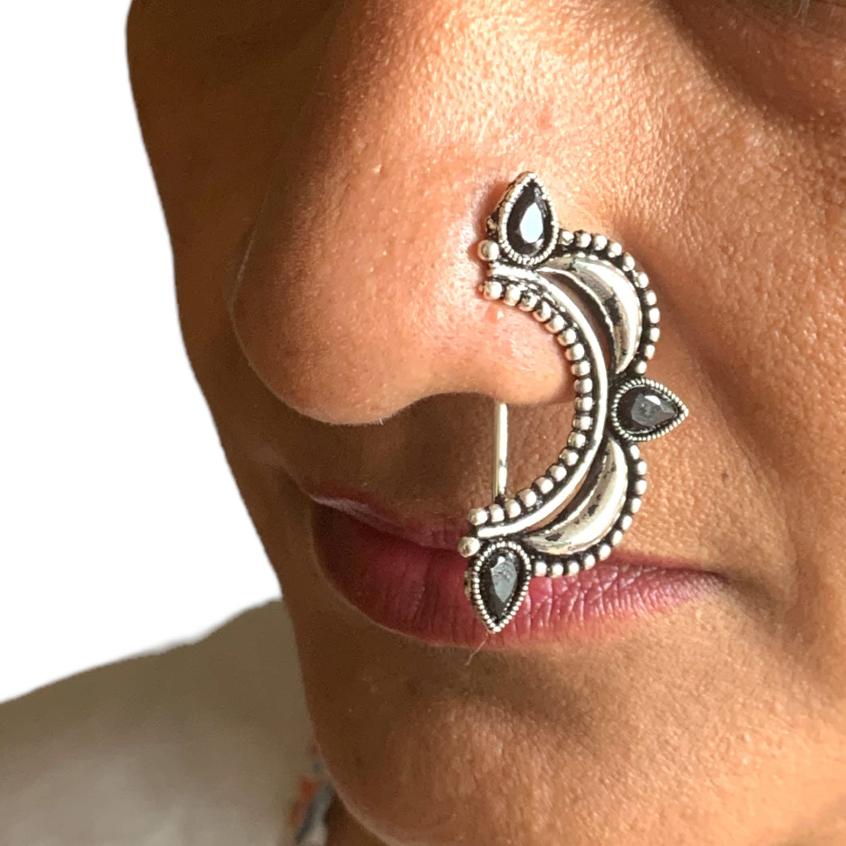 Indian Marathi Nath for Women Marathi Style Bow Oxidized Nose Ring Indian Jewelry Clip-On Bollywood Style Faux Pearl Non-Piercing Jewelry for Women Gift For Her - Marathi Bridal Nathani - LoveNspire