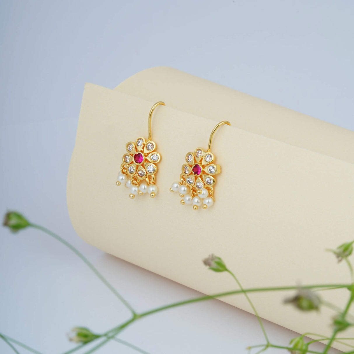 Boho Vintage Flower Earrings for Women - Faux Pearl Round Flower Leverback Earrings Beaded Floral Dangle Drop Earrings with Gold Platting Indian Jewelry for Bride Birthday Gift for Her - LoveNspire