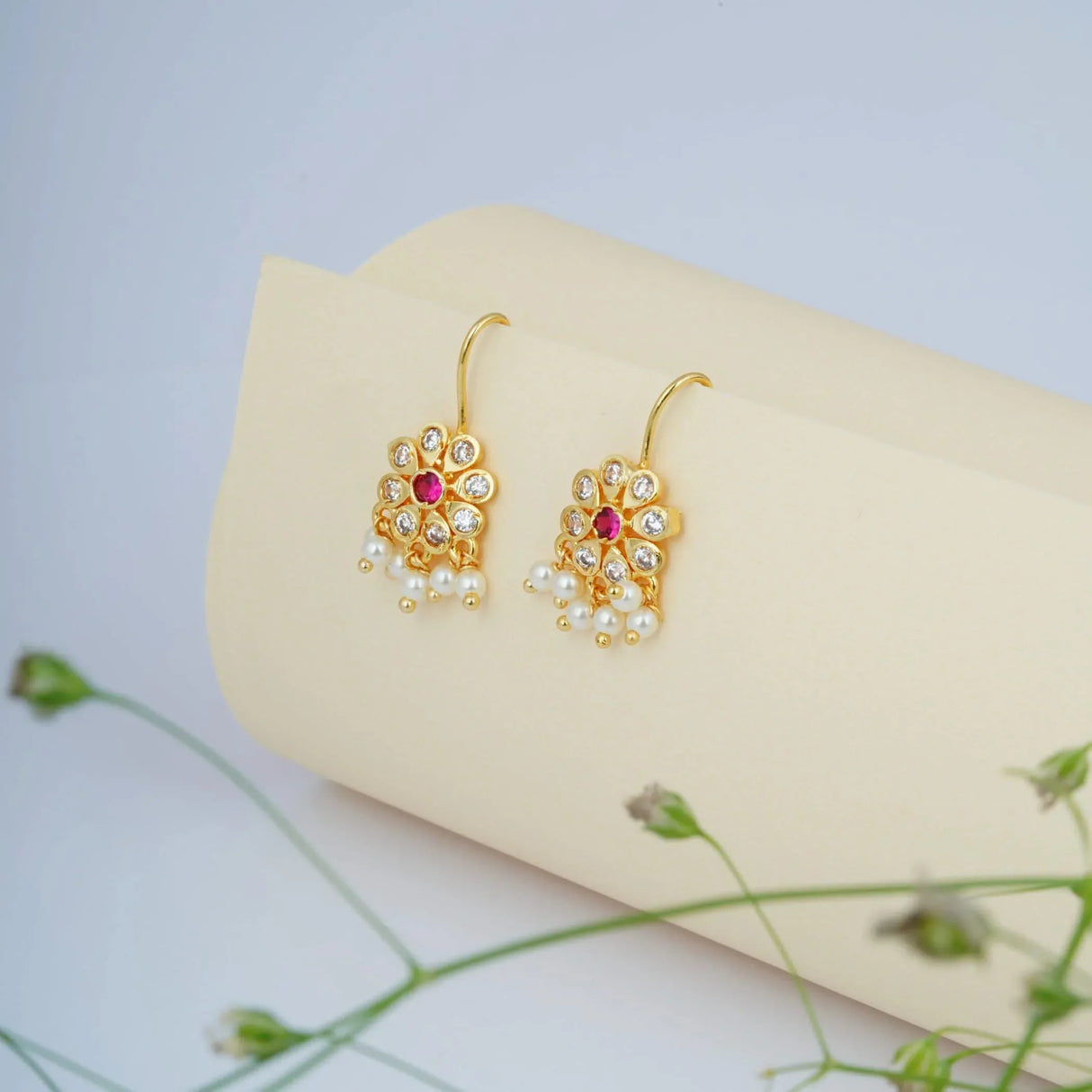 Boho Vintage Flower Earrings for Women - Faux Pearl Round Flower Leverback Earrings Beaded Floral Dangle Drop Earrings with Gold Platting Indian Jewelry for Bride Birthday Gift for Her - LoveNspire