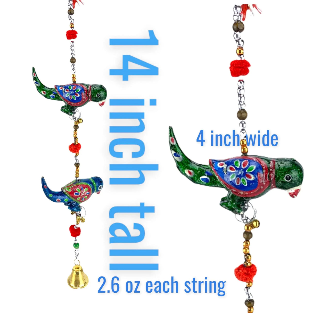 Rajasthani Door Hanging Wind Chimes Indian Traditional Parrot Wall Hanging Diwali Christmas Wedding Decor Wind Chime for Home Decoration Patio - Housewarming Gifts (14 Inches) - LoveNspire