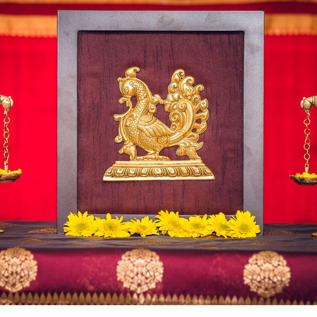 Annam Wall Hanging with Frame in Brass Modern Wooden Framed Artwork Ready to Hang Peacock Showpiece Indian Handicraft for Home Office Housewarming Gift - LoveNspire