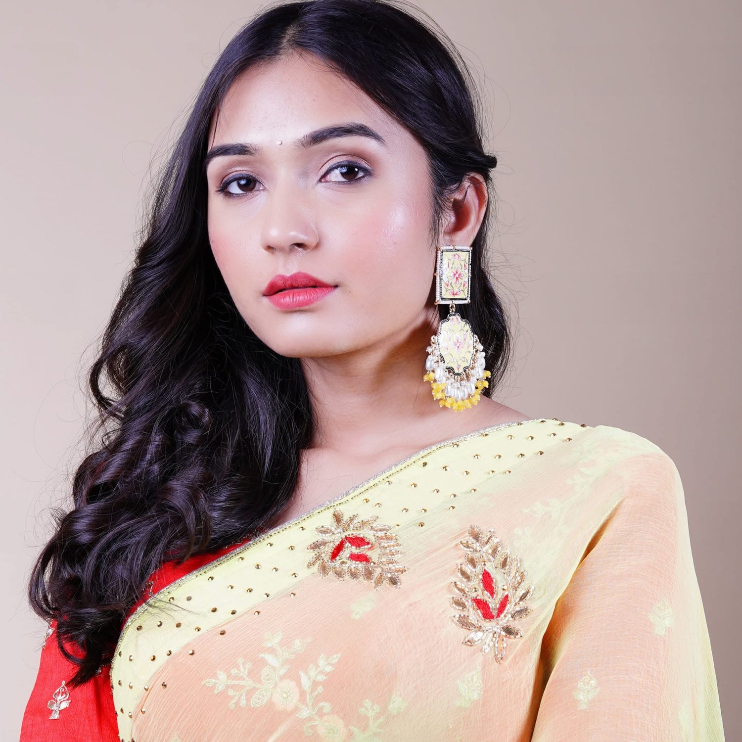 Oversized Indian Jhumka Earrings – Square Stud Jhumki, Ethnic Chandbali with Floral Print & Faux Pearls – Bollywood Dangle Jewelry for Women, Bride & Birthday Gift - LoveNspire