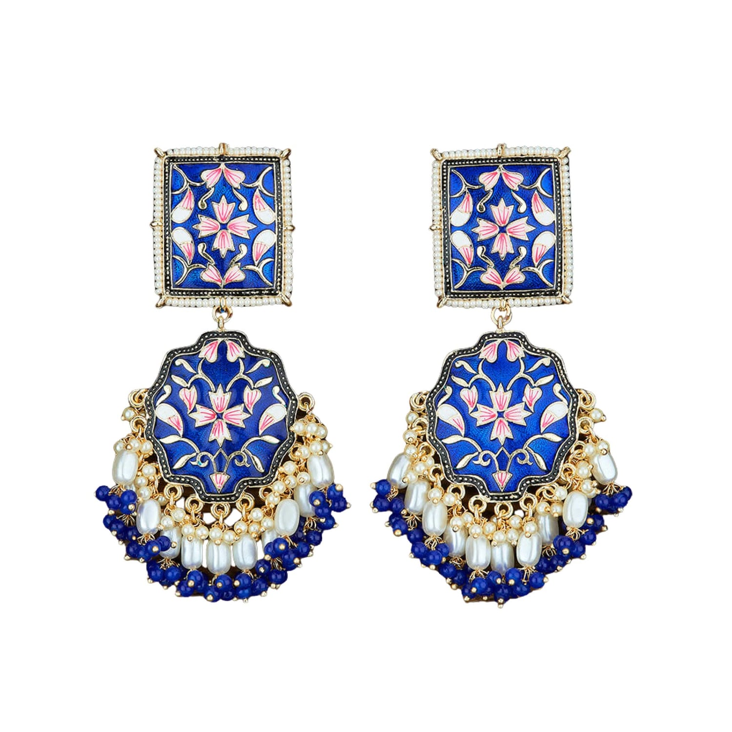 Oversized Indian Jhumka Earrings – Square Stud Jhumki, Ethnic Chandbali with Floral Print & Faux Pearls – Bollywood Dangle Jewelry for Women, Bride & Birthday Gift - LoveNspire