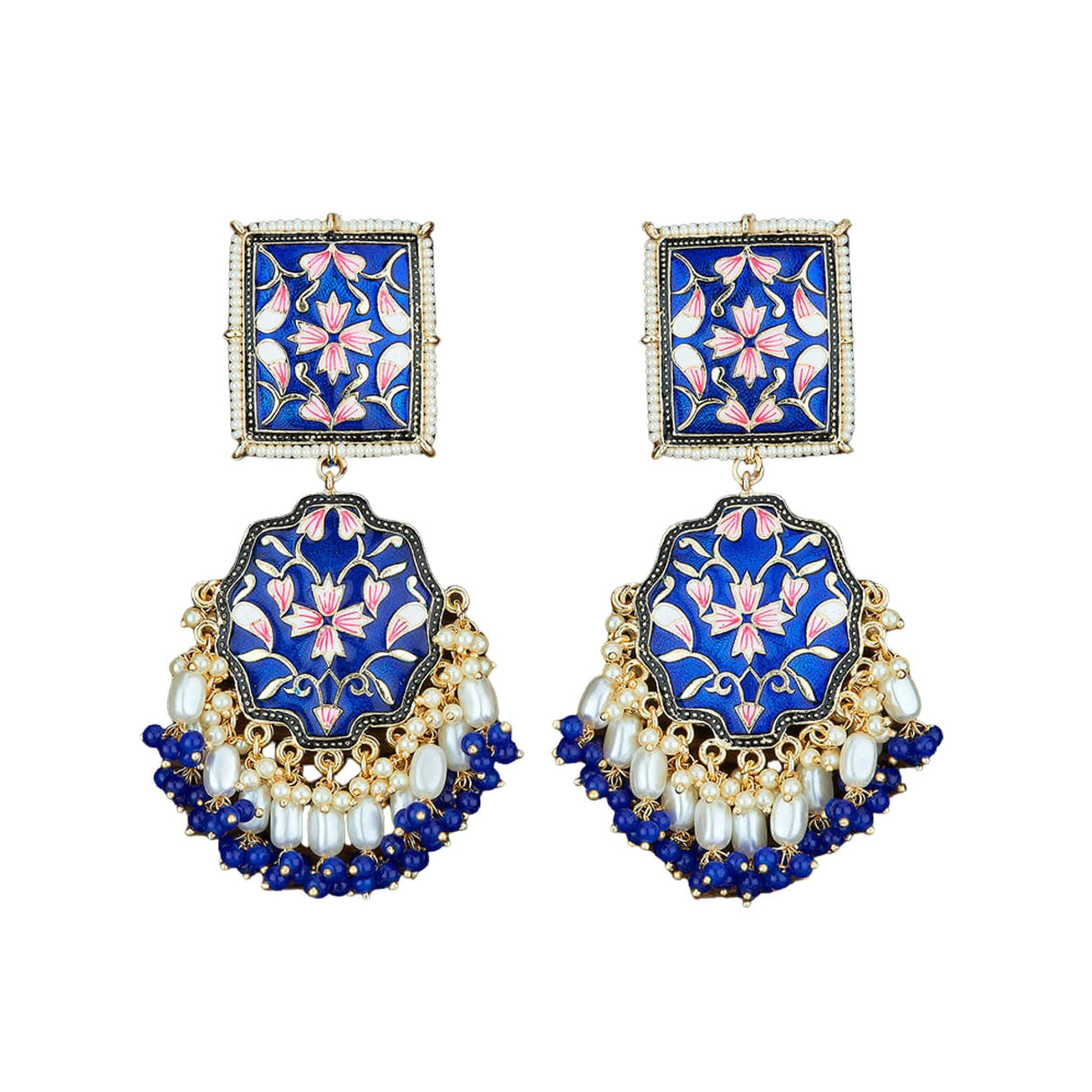 Oversized Indian Jhumka Earrings – Square Stud Jhumki, Ethnic Chandbali with Floral Print & Faux Pearls – Bollywood Dangle Jewelry for Women, Bride & Birthday Gift - LoveNspire