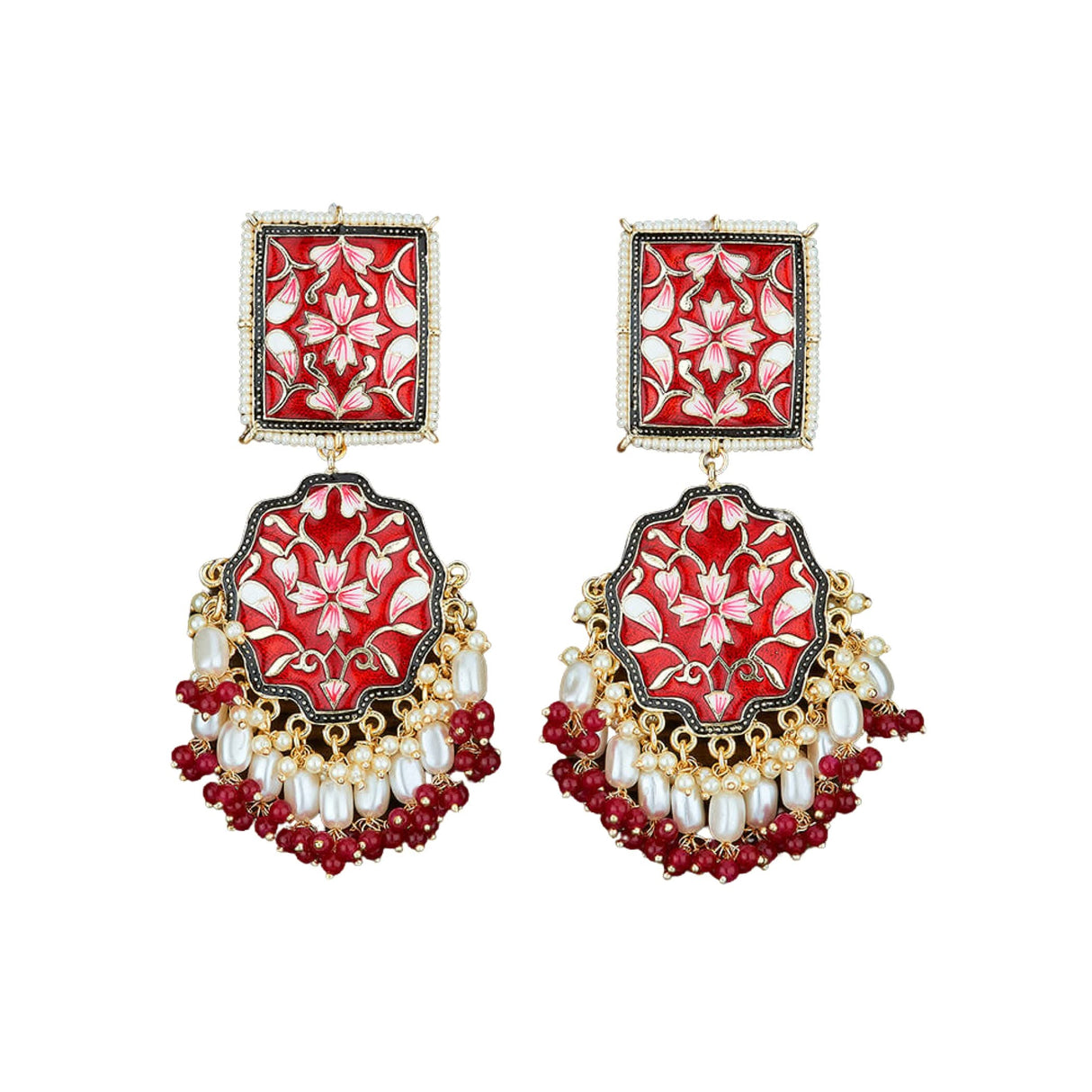 Oversized Indian Jhumka Earrings – Square Stud Jhumki, Ethnic Chandbali with Floral Print & Faux Pearls – Bollywood Dangle Jewelry for Women, Bride & Birthday Gift - LoveNspire
