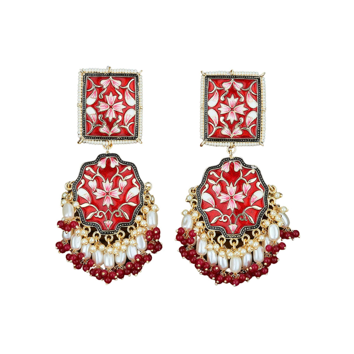 Oversized Indian Jhumka Earrings – Square Stud Jhumki, Ethnic Chandbali with Floral Print & Faux Pearls – Bollywood Dangle Jewelry for Women, Bride & Birthday Gift - LoveNspire