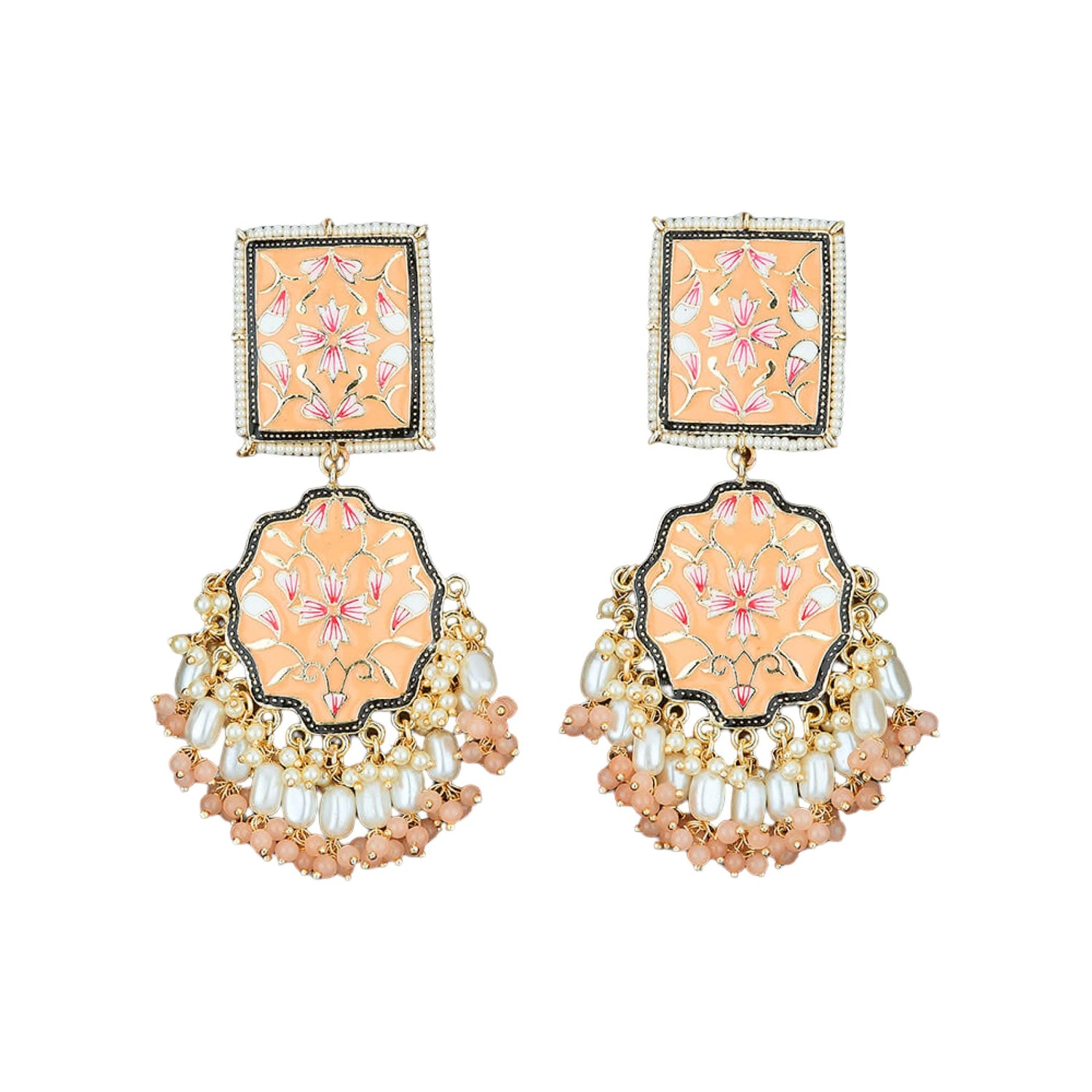 Oversized Indian Jhumka Earrings – Square Stud Jhumki, Ethnic Chandbali with Floral Print & Faux Pearls – Bollywood Dangle Jewelry for Women, Bride & Birthday Gift - LoveNspire