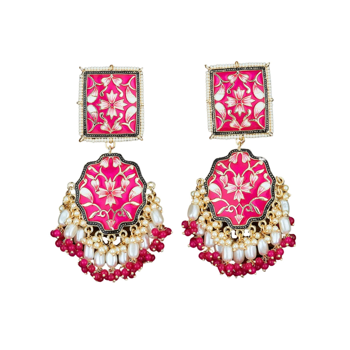 Oversized Indian Jhumka Earrings – Square Stud Jhumki, Ethnic Chandbali with Floral Print & Faux Pearls – Bollywood Dangle Jewelry for Women, Bride & Birthday Gift - LoveNspire
