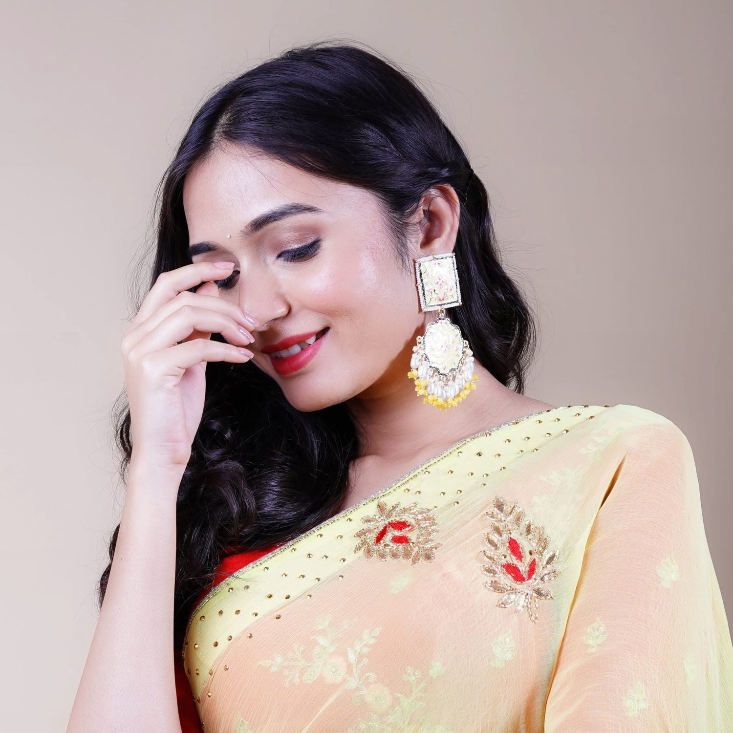 Oversized Indian Jhumka Earrings – Square Stud Jhumki, Ethnic Chandbali with Floral Print & Faux Pearls – Bollywood Dangle Jewelry for Women, Bride & Birthday Gift - LoveNspire