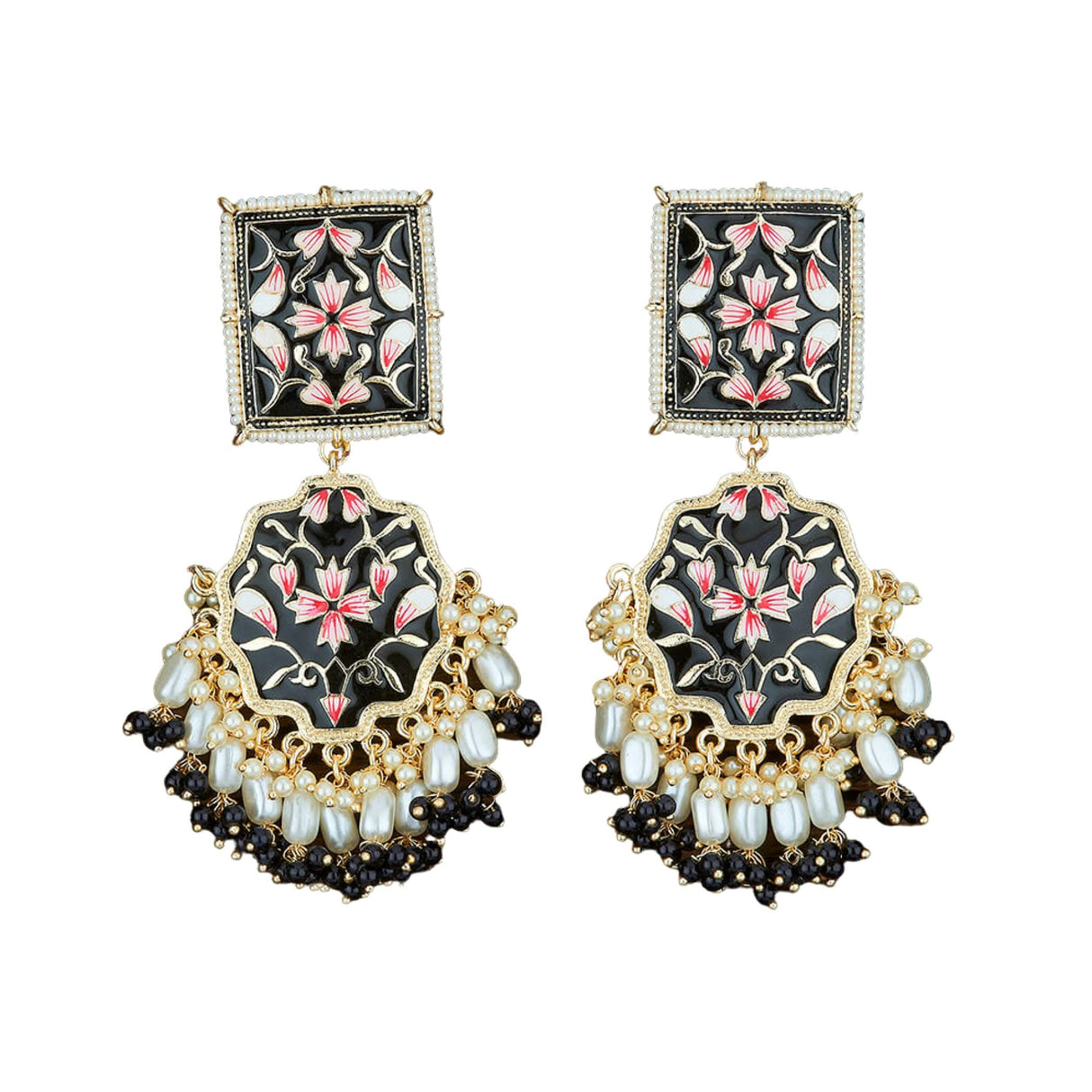 Oversized Indian Jhumka Earrings – Square Stud Jhumki, Ethnic Chandbali with Floral Print & Faux Pearls – Bollywood Dangle Jewelry for Women, Bride & Birthday Gift - LoveNspire