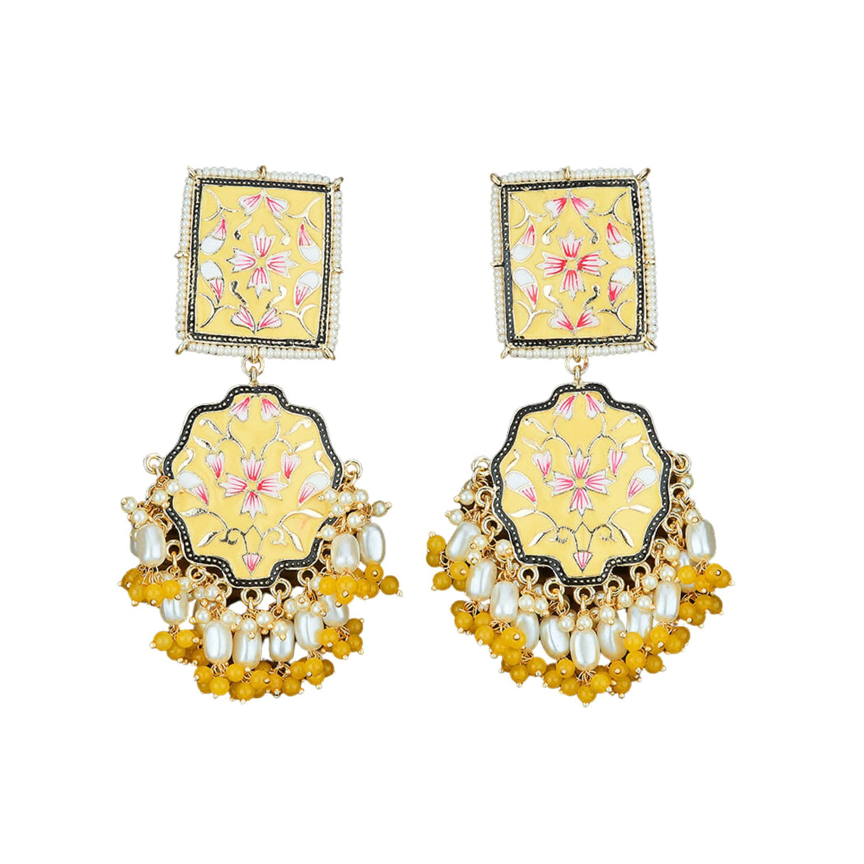 Oversized Indian Jhumka Earrings – Square Stud Jhumki, Ethnic Chandbali with Floral Print & Faux Pearls – Bollywood Dangle Jewelry for Women, Bride & Birthday Gift - LoveNspire