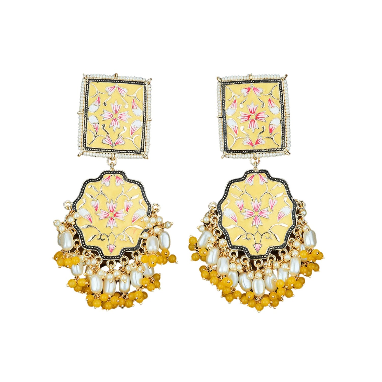 Oversized Indian Jhumka Earrings – Square Stud Jhumki, Ethnic Chandbali with Floral Print & Faux Pearls – Bollywood Dangle Jewelry for Women, Bride & Birthday Gift - LoveNspire