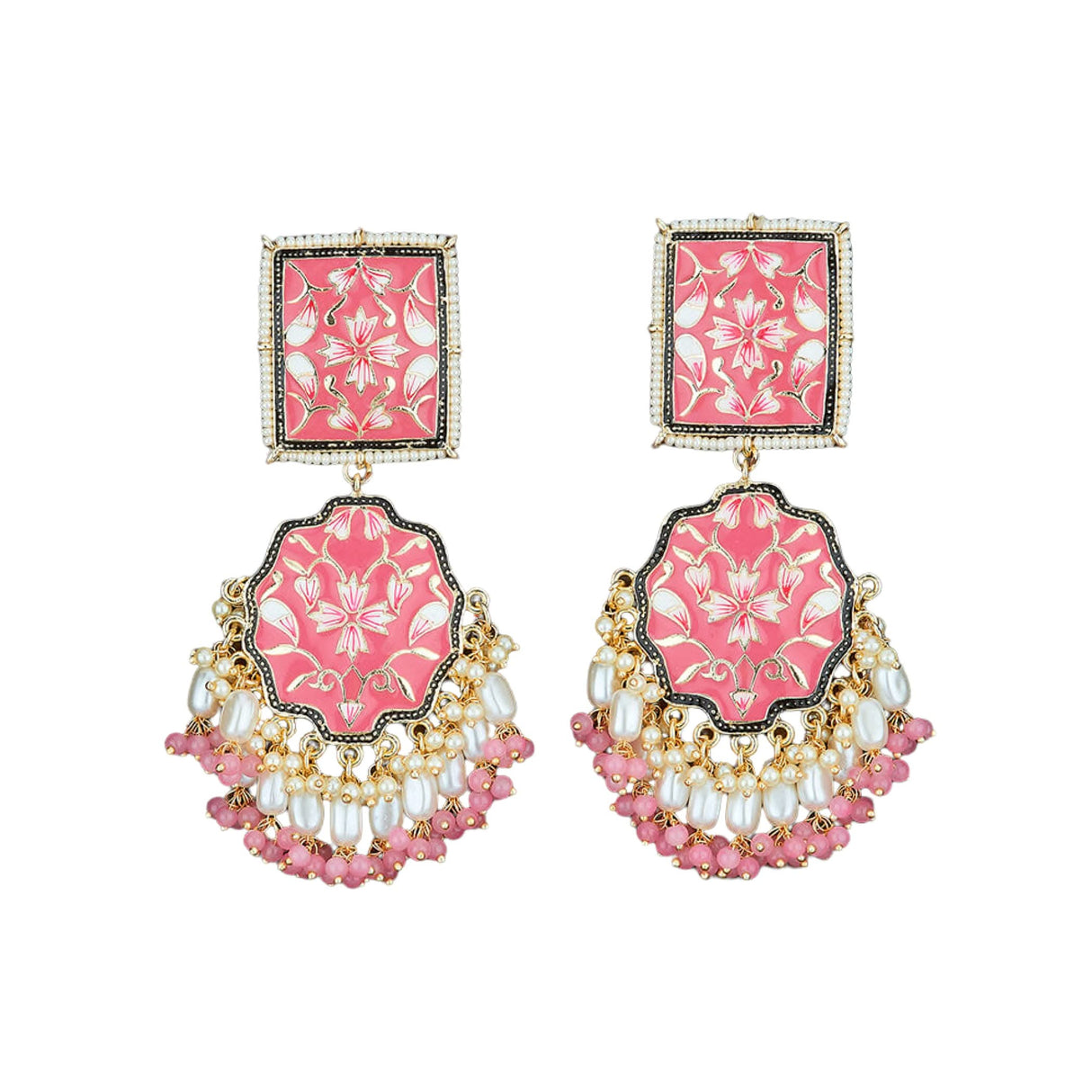 Oversized Indian Jhumka Earrings – Square Stud Jhumki, Ethnic Chandbali with Floral Print & Faux Pearls – Bollywood Dangle Jewelry for Women, Bride & Birthday Gift - LoveNspire