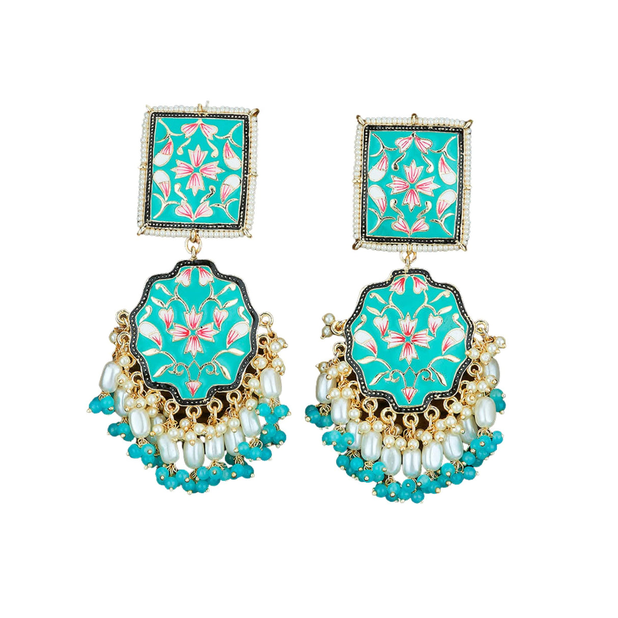 Oversized Indian Jhumka Earrings – Square Stud Jhumki, Ethnic Chandbali with Floral Print & Faux Pearls – Bollywood Dangle Jewelry for Women, Bride & Birthday Gift - LoveNspire