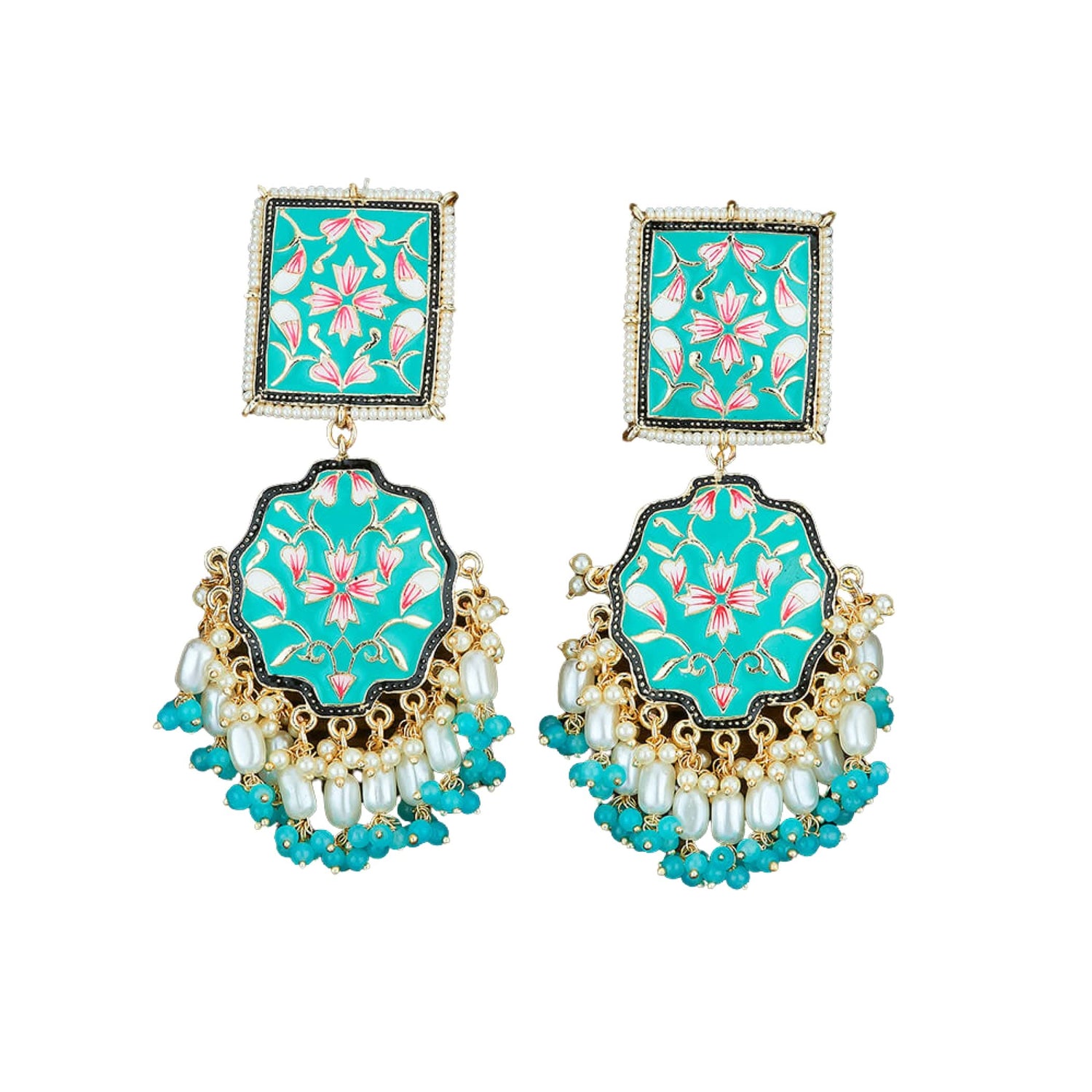 Oversized Indian Jhumka Earrings – Square Stud Jhumki, Ethnic Chandbali with Floral Print & Faux Pearls – Bollywood Dangle Jewelry for Women, Bride & Birthday Gift - LoveNspire