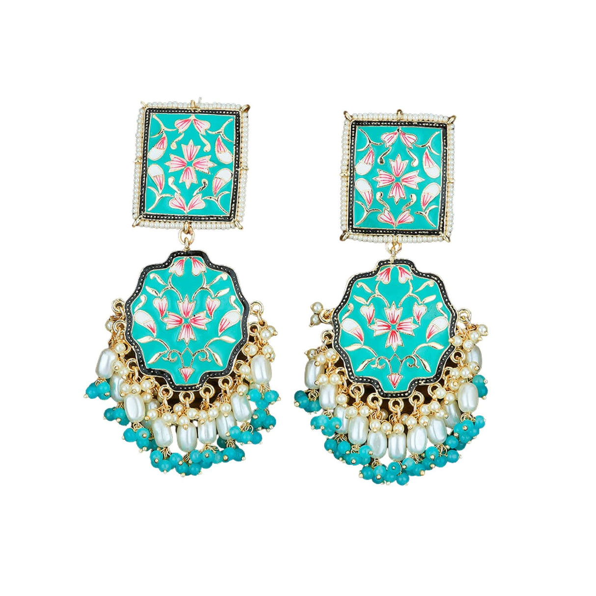 Oversized Indian Jhumka Earrings – Square Stud Jhumki, Ethnic Chandbali with Floral Print & Faux Pearls – Bollywood Dangle Jewelry for Women, Bride & Birthday Gift - LoveNspire