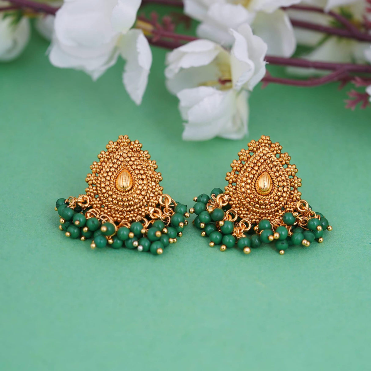Indian Jhumka Earrings for Women - Indian Jhumki Chandelier Small Tops Earring in Golden Tone Beaded Bollywood Style Dangle Earring Jewelry for Bride | Birthday Gift for Her - LoveNspire