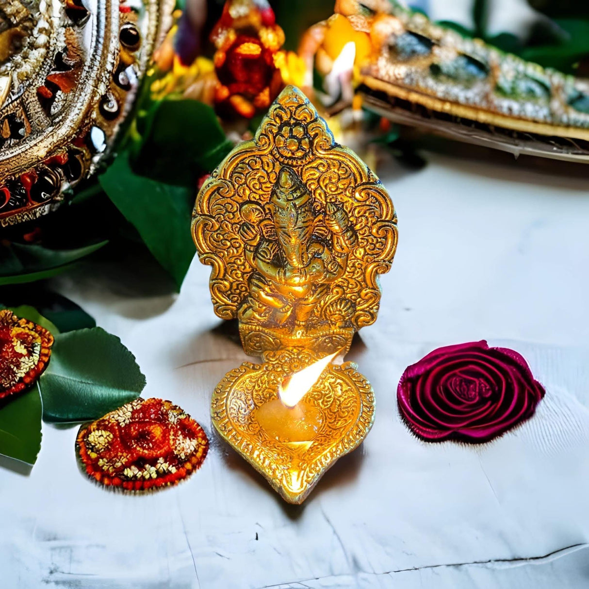 Ganesha Brass Finish Diya for Puja God Ganesh Idol Oil Lamp Deepam Akhand Jyot Kuber Deepak Diwali Home Decorations Mandir Temple Decor Vilakku Deepawali Housewarming Wedding Return Gifts - LoveNspire